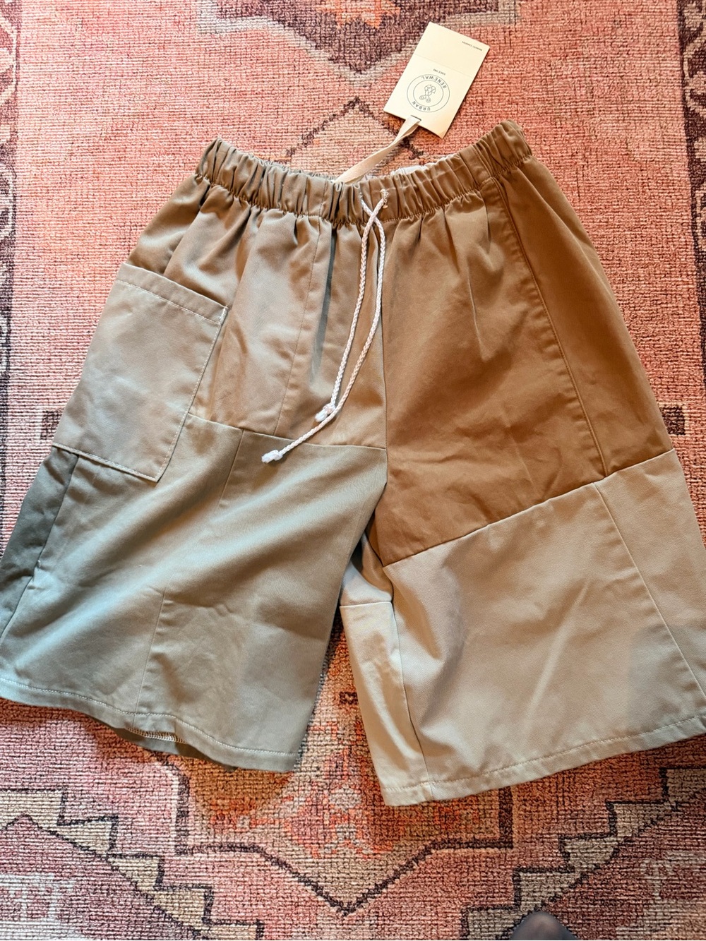 Patchwork Men’s Elastic-Waist Shorts - Khaki/Olive one of a kind Urban renewal